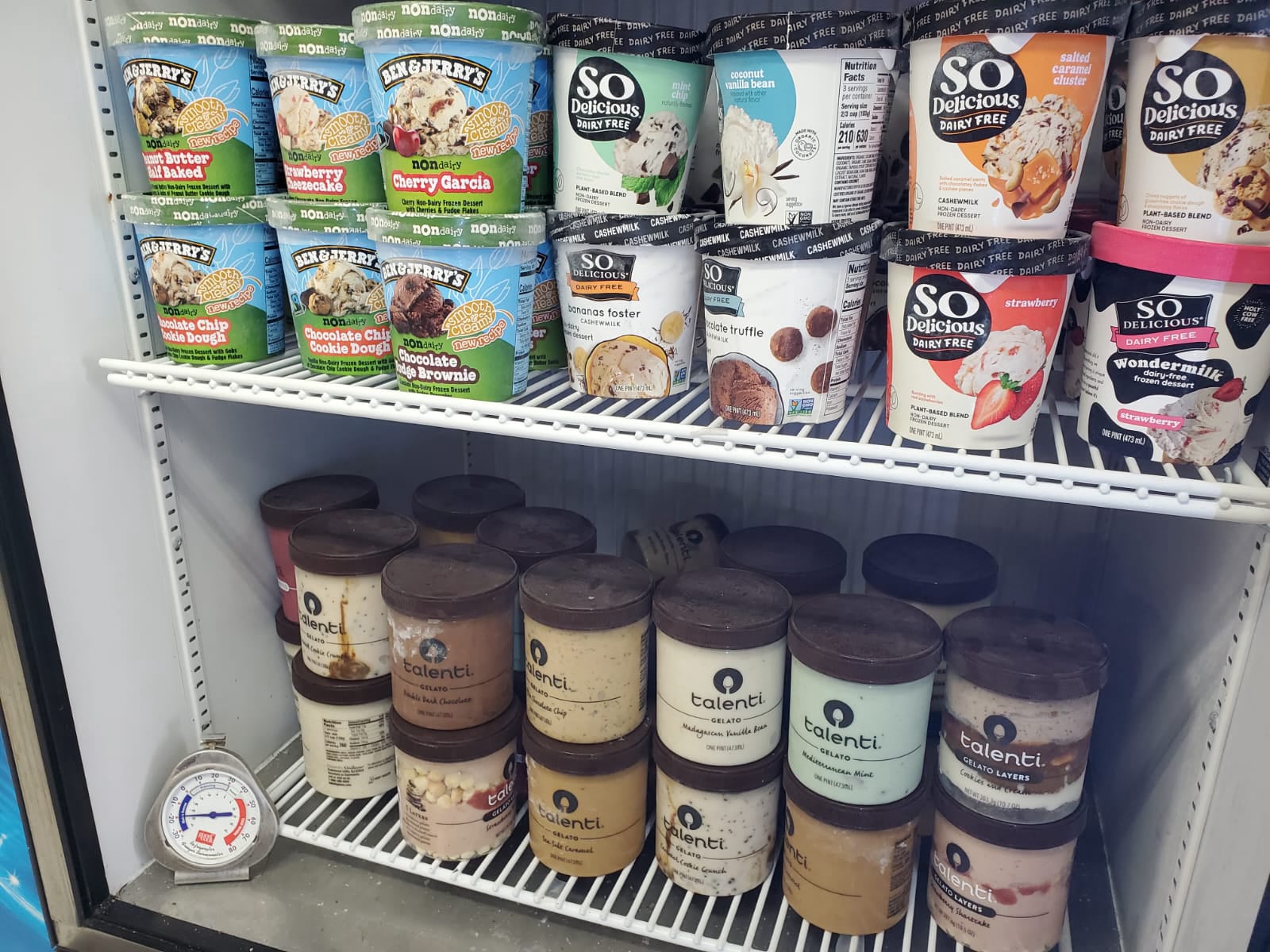 Many flavors of ice cream, frozen yogurt, and sherbet.